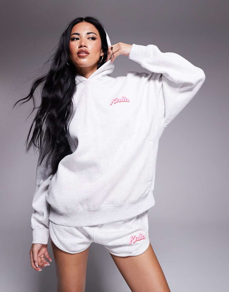 Kaiia - Oversize-Kapuzenpullover in Hellgrau meliert und Babyrosa mit Logo-Schaumprint, Kombiteil von Kaiia