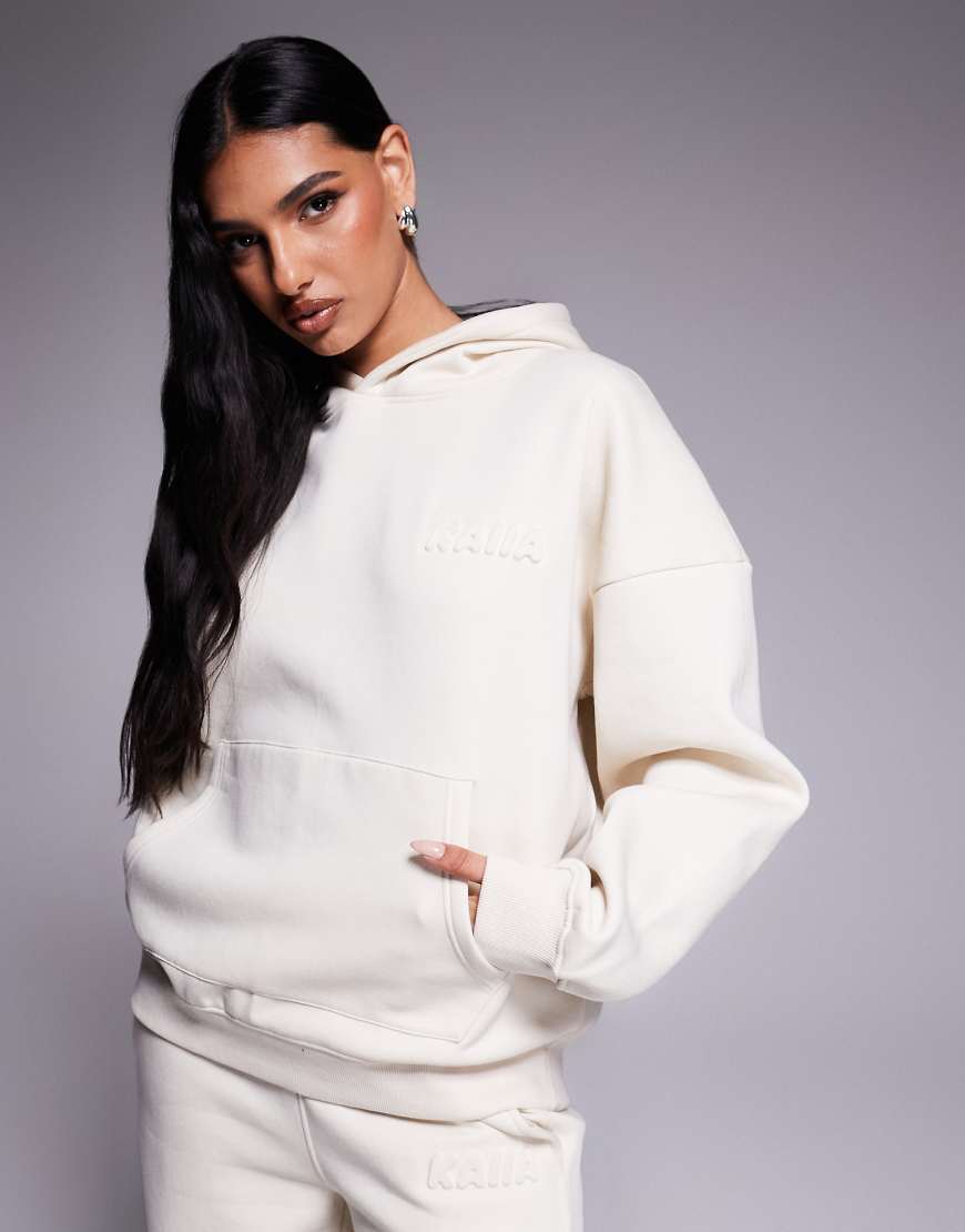 Kaiia - Oversize-Kapuzenpullover mit hohem Baumwollanteil in milchigem Hellbeige mit eingeprägtem Bubble-Logo, Kombiteil-Neutral von Kaiia