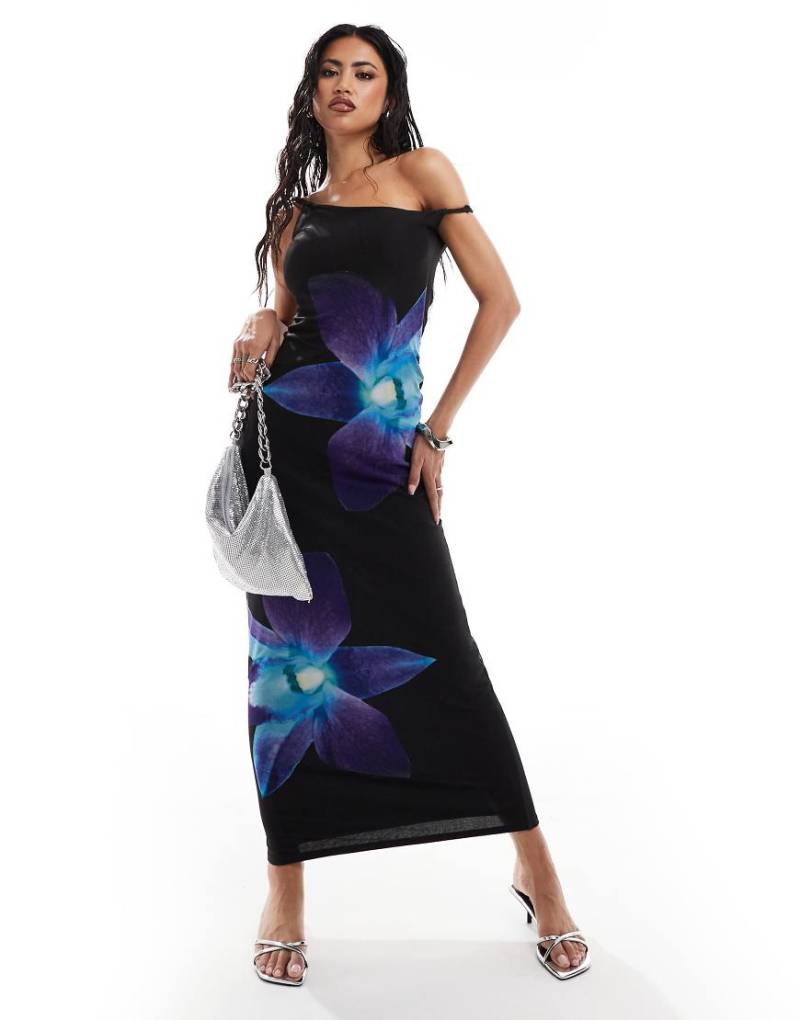 Kaiia - Schulterfreies Netzstoff-Maxikleid in Schwarz mit blauem Blumenmuster-Bunt von Kaiia