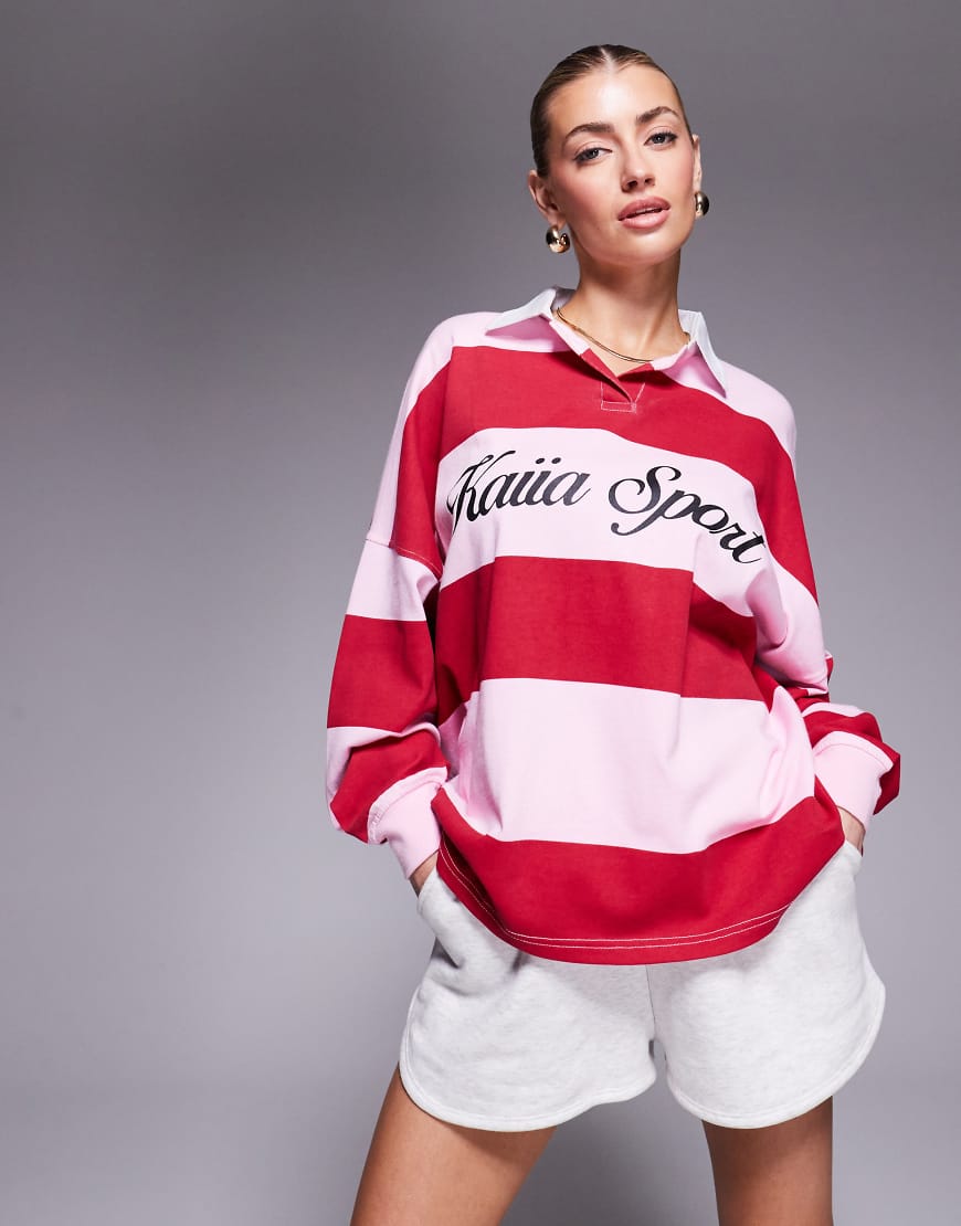 Kaiia - Sport - Rugby-Hemd mit Oversize-Passform und Streifen in Rot und Rosa-Bunt von Kaiia