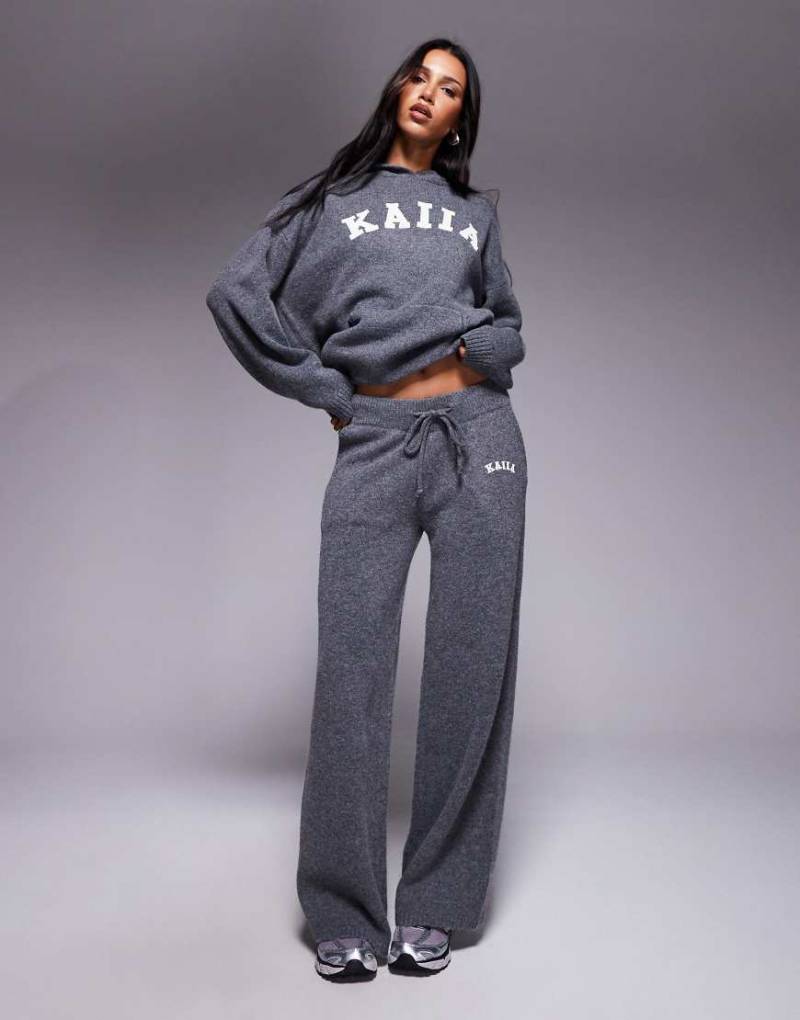 Kaiia - Strickhose in Anthrazit mit weitem Bein und Logo-Stickerei, Kombiteil-Grau von Kaiia