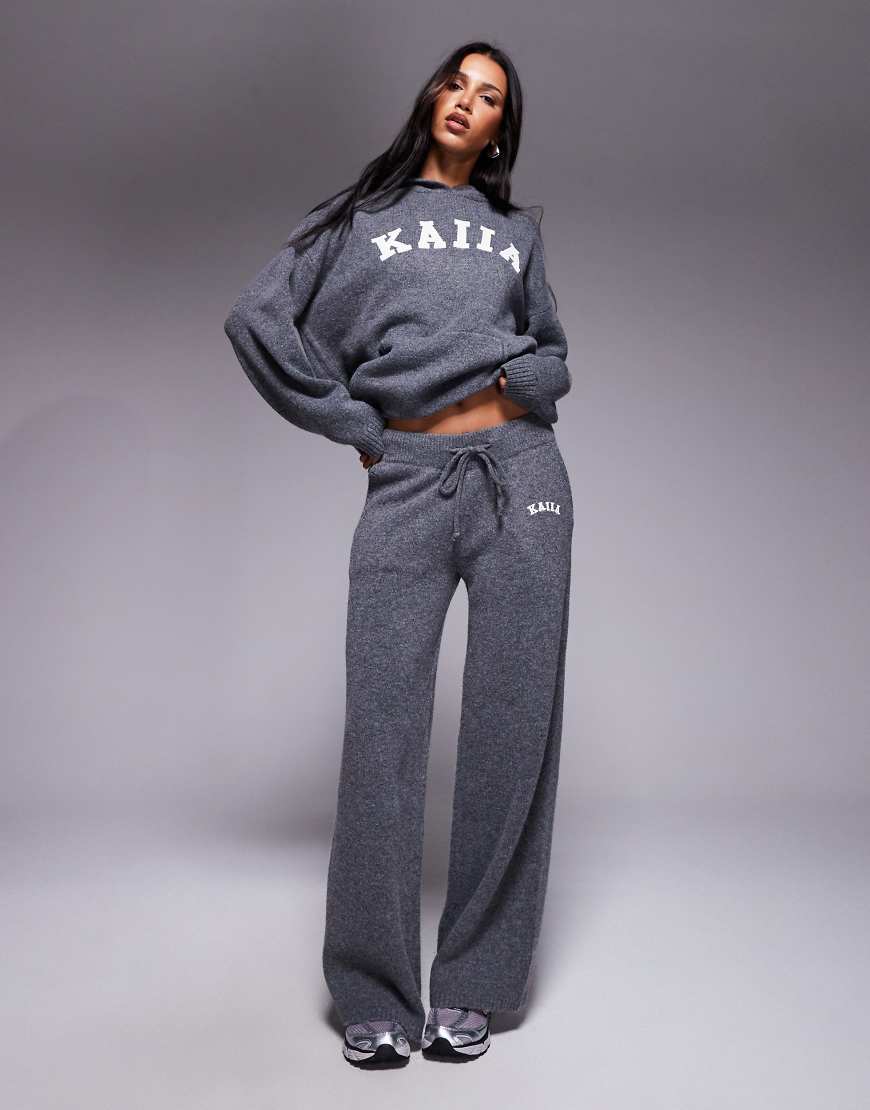 Kaiia - Strickhose in Anthrazit mit weitem Bein und Logo-Stickerei, Kombiteil-Grau von Kaiia