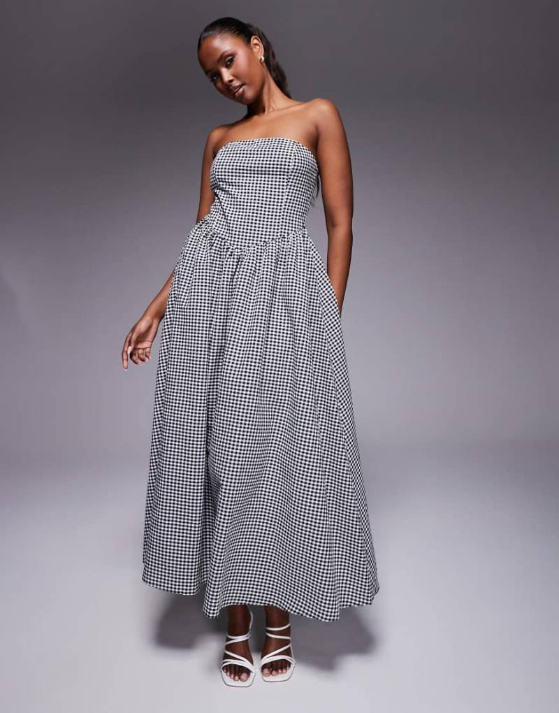 Kaiia - Exklusiv - Strukturiertes, trägerloses Maxikleid mit hohem Baumwollanteil, schwarzem Vichy-Karomuster und V-Taille-Bunt von Kaiia