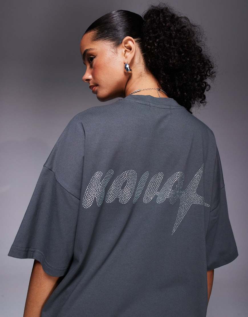Kaiia - T-Shirt in Dunkelgrau mit hohem Baumwollanteil, Oversize-Schnitt und Strasslogo, Kombiteil-Schwarz von Kaiia