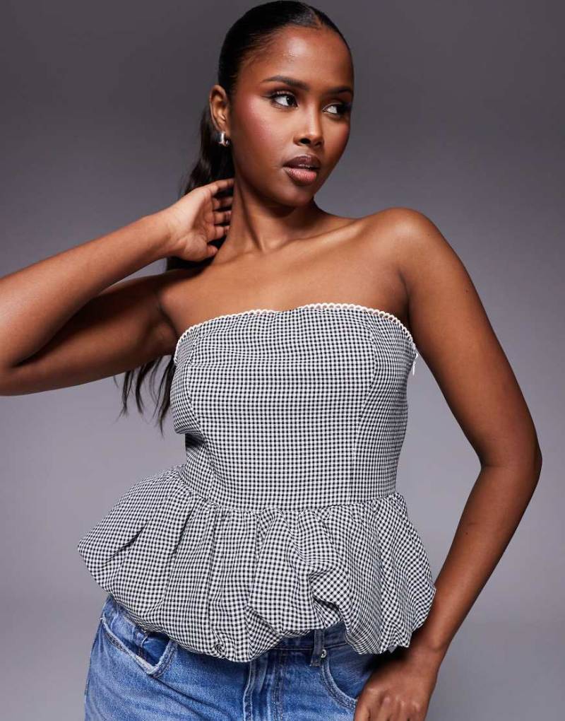 Kaiia - Exklusives, trägerloses Oberteil mit Spitzenborte, schwarzem Vichy-Karomuster und Ballonsaum-Bunt von Kaiia