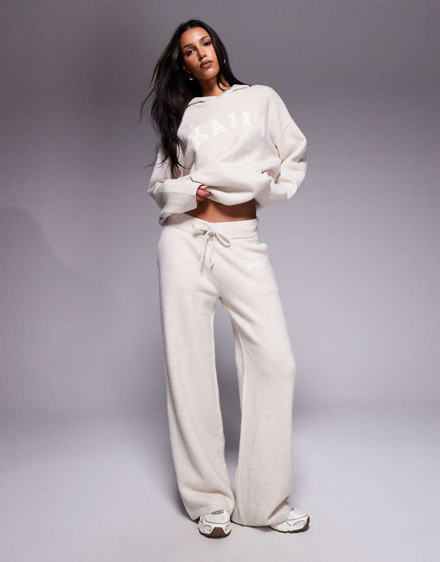 Kaiia - Weit geschnittene Hose aus Strick in Hellbeige mit Logo-Stickerei, Kombiteil-Neutral von Kaiia