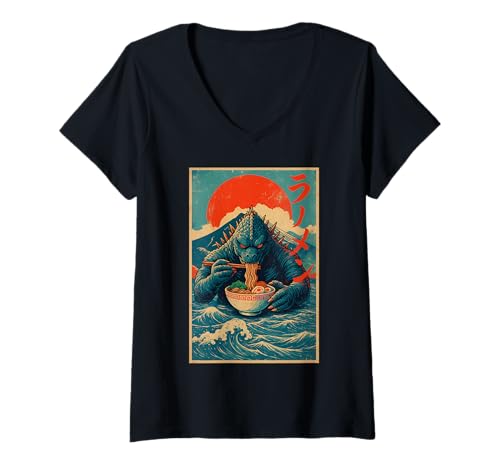 Damen Kaiju Eating Ramen Monster Lover Japanische Grafik T-Shirt mit V-Ausschnitt Damen Kaiju Eating Ramen Monster Lover Japanische Grafik T-Shirt mit V-Ausschnitt von Kaiju Birthday Merch