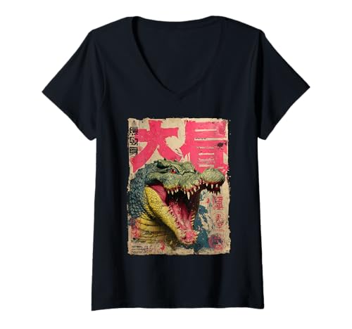 Damen Kaiju Krokodilmonster Vintage Japanisches Poster Kunst T-Shirt mit V-Ausschnitt Damen Kaiju Krokodilmonster Vintage Japanisches Poster Kunst T-Shirt mit V-Ausschnitt von Kaiju City Rampage