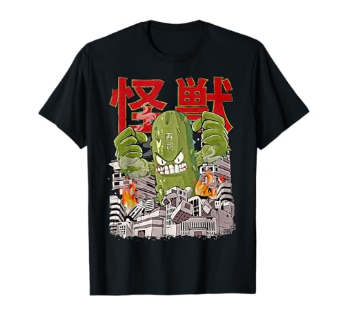 Kaiju Japanische Anime Monster Gurke Damen T-Shirt Schwarz S V-Ausschnitt Kurzarm Klassisch von Kaiju Japanese Monster Pickle Cucumber Clothes
