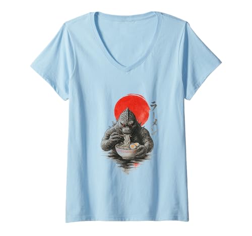 Damen Grafik „Kaiju Eating Ramen, japanischer Monsterliebhaber“ T-Shirt mit V-Ausschnitt Damen Grafik „Kaiju Eating Ramen, japanischer Monsterliebhaber“ T-Shirt mit V-Ausschnitt von Kaiju Kitchen Birthday Merch