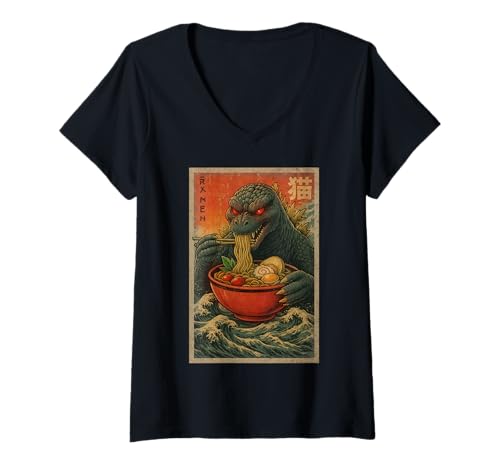 Damen Grafik „Kaiju Eating Ramen, japanischer Monsterliebhaber“ T-Shirt mit V-Ausschnitt Damen Grafik „Kaiju Eating Ramen, japanischer Monsterliebhaber“ T-Shirt mit V-Ausschnitt von Kaiju Kitchen Birthday Merch