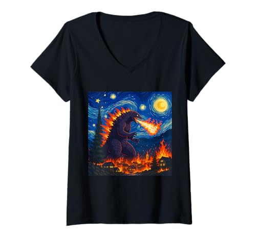 Damen Kaiju Monster Graphic Art Van Gogh Sternennacht inspiriert T-Shirt mit V-Ausschnitt Damen Kaiju Monster Graphic Art Van Gogh Sternennacht inspiriert T-Shirt mit V-Ausschnitt von Kaiju Monster Enthusiast Fans