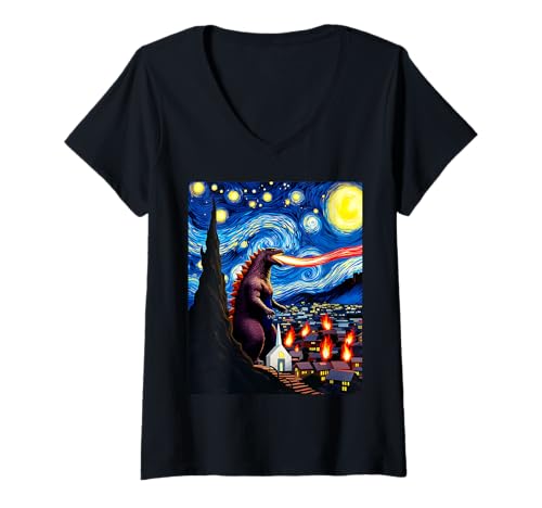 Damen Kaiju Monster Van Gogh Sternennacht inspiriertes Design T-Shirt mit V-Ausschnitt Damen Kaiju Monster Van Gogh Sternennacht inspiriertes Design T-Shirt mit V-Ausschnitt von Kaiju Monster Enthusiast Fans