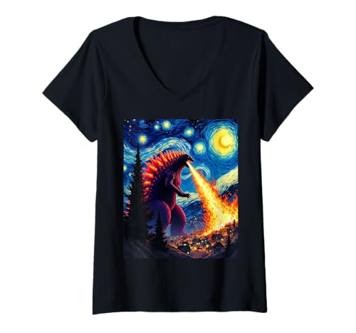Damen Kaiju Van Gogh Nachtlandschaft Surreales Monster Sternennacht T-Shirt mit V-Ausschnitt Damen Kaiju Van Gogh Nachtlandschaft Surreales Monster Sternennacht T-Shirt mit V-Ausschnitt von Kaiju Monster Enthusiast Fans