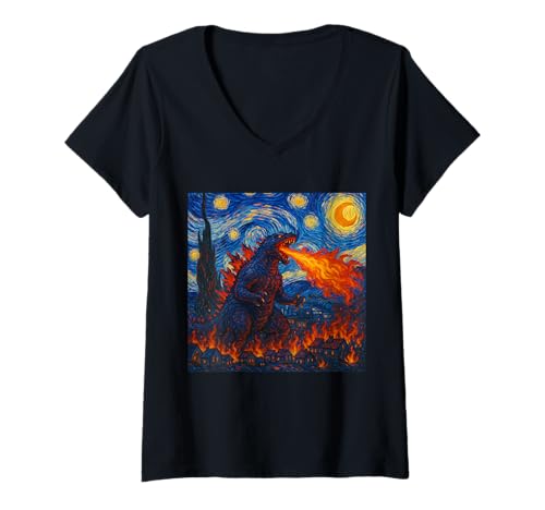 Damen Von Kaiju Van Gogh inspiriertes surreales Monster Night Kunstwerk T-Shirt mit V-Ausschnitt Damen Von Kaiju Van Gogh inspiriertes surreales Monster Night Kunstwerk T-Shirt mit V-Ausschnitt von Kaiju Monster Enthusiast Fans