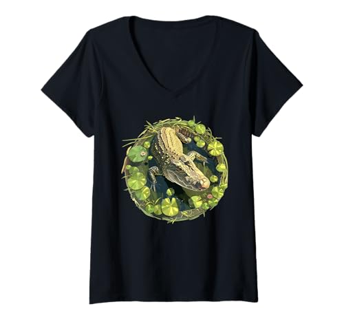 Damen Kaimane Kaiman T-Shirt mit V-Ausschnitt Damen Kaimane Kaiman T-Shirt mit V-Ausschnitt von Kaimane Kaiman Tier Shop
