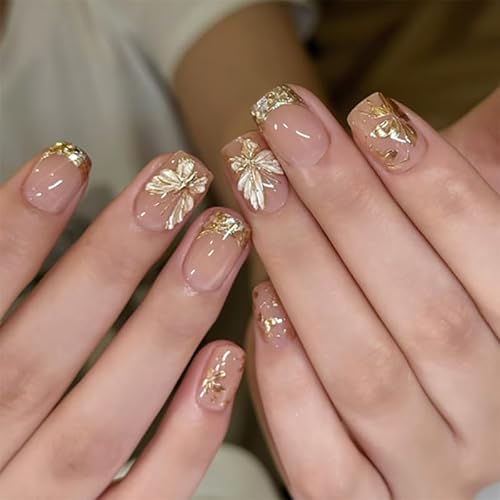 24 Stück kurze quadratische falsche Nägel French Tip Press on Nails Gold Pailletten Stick on Nagel mit Schmetterling Blume Design Abnehmbarer Kleber auf Acryl Fake Nail Zubehör für Frauen Mädchen von Kaiperala