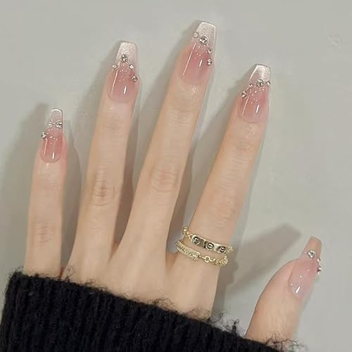 24 Stück lange Sarg falsche Nägel Katzenaugen zum Aufdrücken auf Nägel, Rouge, Rot / Weiß, Ombré-Aufkleber mit Strass-Design, entfernbarer Kleber auf Acryl, Kunstnägel, Zubehör für Frauen und Mädchen von Kaiperala