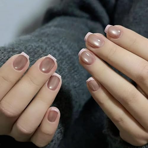 30 Stück kurze quadratische falsche Nägel French Tip Cat Eye Press on Nails Hellrosa Rand Stick on Nail Removable Glue on Acryl Fake Nail Zubehör für Frauen Mädchen von Kaiperala
