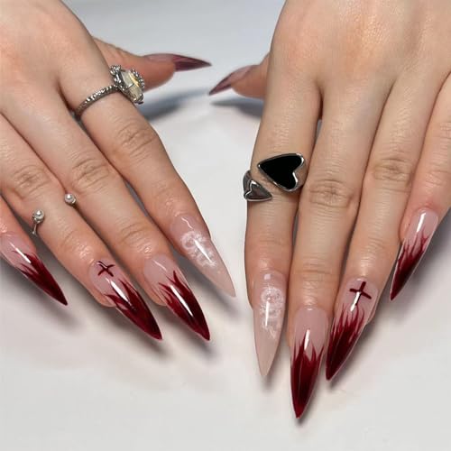 Künstliche Fingernägel, lange Stiletto-Kunstnägel, rote Feuerflamme zum Aufkleben, Gothic-Drachenmuster, zum Aufdrücken, abnehmbar, vollständige Abdeckung, für Damen, Braut, Nagelkunst-Zubehör, 24 von Kaiperala