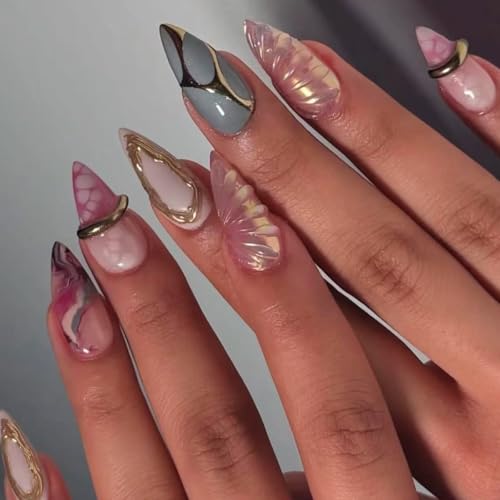 Künstliche Fingernägel, mittelgroß, Mandel, zum Aufdrücken, Ombré-Stil, zum Aufkleben mit 3D-Wellen-Design, entfernbar, Acryl, Zubehör für Frauen und Mädchen, 24 Stück von Kaiperala