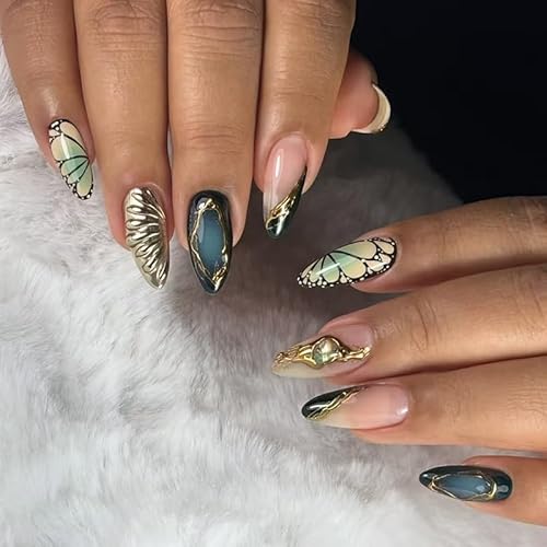 Künstliche Fingernägel, mittellang, Mandel, zum Aufdrücken, 3D-Gold-Vergoldung, zum Aufkleben auf Nägel mit Blumen-Design, entfernbar, Acryl, Zubehör für Frauen und Mädchen, 24 Stück von Kaiperala