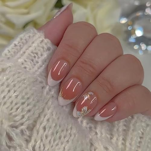 Künstliche Nägel mit französischer Spitze, kurze Mandel, zum Aufdrücken, Goldschleife, zum Aufkleben auf Nägel mit Blumen-Design, entfernbarer Kleber auf Acryl, Kunstnägel, Zubehör für Frauen und Künstliche Nägel mit französischer Spitze, kurze Mandel, zum Aufdrücken, Goldschleife, zum Aufkleben auf Nägel mit Blumen-Design, entfernbarer Kleber auf Acryl, Kunstnägel, Zubehör für Frauen und von Kaiperala