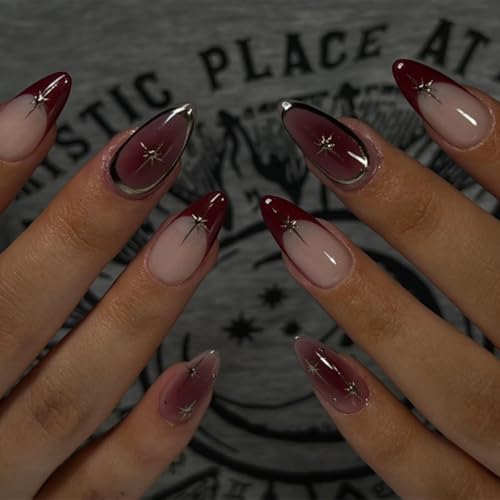 Künstliche Nägel mit französischer Spitze, zum Aufdrücken auf Nägel, Burgunderrot, Ombré-Stil, zum Aufkleben mit 3D-Stern-Design, entfernbarer Kleber auf Acryl, Zubehör für Frauen und Mädchen, 24 von Kaiperala