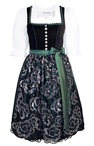 Dirndl Samt schwarz Dirndlkleid Festtagstracht Trachten-Kleid Knöpfe mit Swarovski-Elements TAFT-Schürze grün Chiffon mit Pailletten Balkonett Ballkleid festlich, Größe:50 von Kaiser Franz Josef