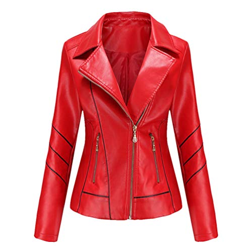 Kaiyei Damen Slim PU Lederjacken Dünne Einsteckkragen Frühjahr Herbst Langarm Elegant Kurz Jacke Lederimitat Bikerjacken Reißverschluss Rot 3XL von Kaiyei