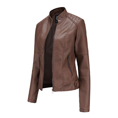 Kaiyei Damen Slim PU Lederjacken Dünne Stehkragen Frühjahr Herbst Langarm Elegant Lederimitat Kurz Jacke Bikerjacken Reißverschluss Braun 2XL von Kaiyei