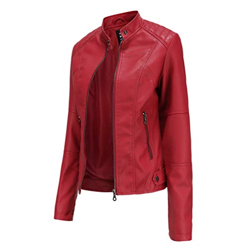 Kaiyei Damen Slim PU Lederjacken Dünne Stehkragen Frühjahr Herbst Langarm Elegant Lederimitat Kurz Jacke Bikerjacken Reißverschluss Rot 3XL von Kaiyei