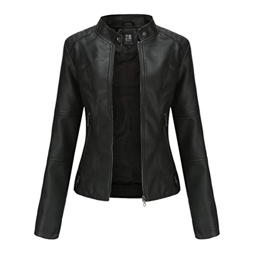 Kaiyei Damen Slim PU Lederjacken Dünne Stehkragen Frühjahr Herbst Langarm Elegant Lederimitat Kurz Jacke Bikerjacken Reißverschluss Schwarz 3XL von Kaiyei