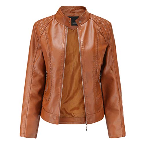 Kaiyei Damen Slim PU Lederjacken Plus Size Stehkragen Frühjahr Herbst Langarm Elegant Kurz Jacke Lederimitat Bikerjacken Reißverschluss Braun 4XL von Kaiyei