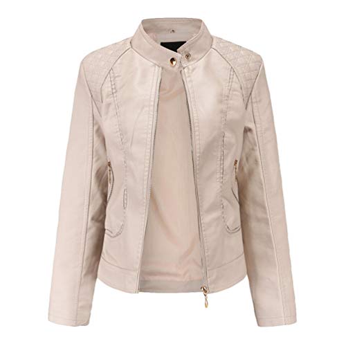 Kaiyei Damen Slim PU Lederjacken Plus Size Stehkragen Frühjahr Herbst Langarm Elegant Kurz Jacke Lederimitat Bikerjacken Reißverschluss Khaki XL von Kaiyei