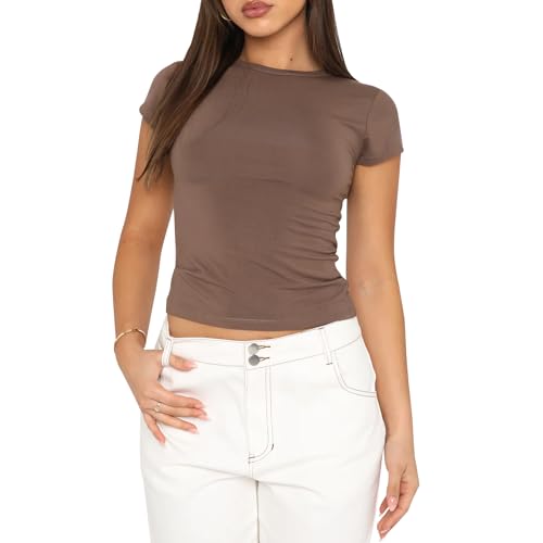 Basic Slim Fit Tshirt Damen, Skims Y2K Top Dupe, Crop Tops Damen, Bauchfreies Oberteil Damen, Basic Crop Tops Casual Athletisches Top Teenager Streetwear, Y2K Shirt(Braun, L) von Kaiyingxin