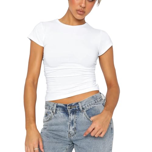 Basic Slim Fit Tshirt Damen, Skims Y2K Top Dupe, Crop Tops Damen, Bauchfreies Oberteil Damen, Basic Crop Tops Casual Athletisches Top Teenager Streetwear, Y2K Shirt(Weiß, M) von Kaiyingxin