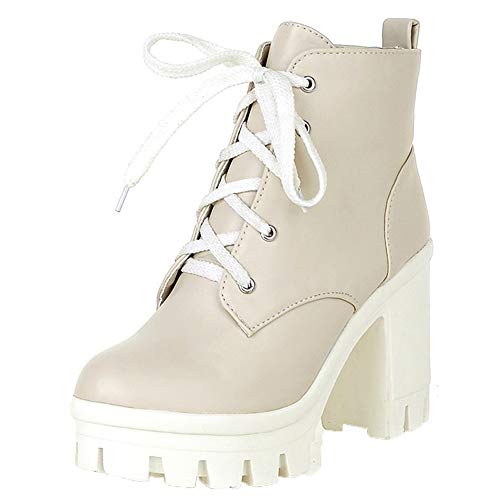 Kaizi Karzi Damen Basic Knöchel Stiefel Schnürstiefel Chunky Heel Stiefeletten Plateau Kampfstiefel mode Beige Große 33 Asian von Kaizi Karzi