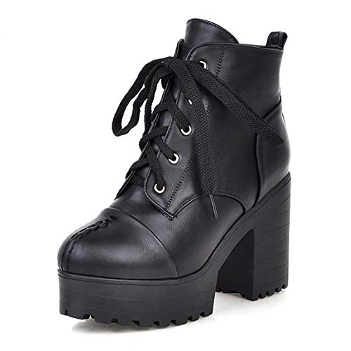 Kaizi Karzi Damen High Heels Stiefeletten Blockabsatz Ankle Boots mit Plateau Kampfstiefel Basic Schnürstiefel Black Size 40 Asian von Kaizi Karzi