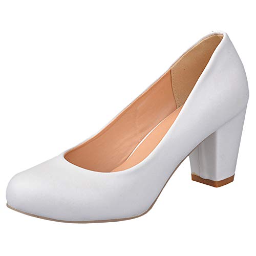 Kaizi Karzi Damen Klassischer Blockabsatz Schuhe Ohne Verschluss Pump Heels Büro Schuhe White Gr 33 Asiatisch von Kaizi Karzi