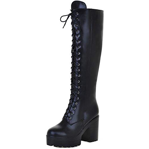 Kaizi Karzi Damen Mode Lange Stiefel Blockabsatz Schnüren Kniestiefel Hohe Ferses Winter Hohe Stiefel Mit Absatz Black Gr 40 von Kaizi Karzi