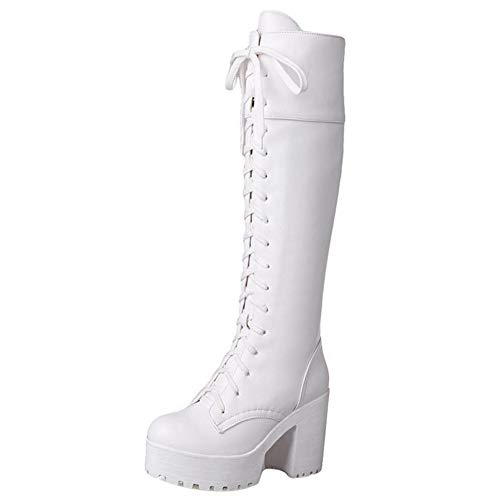 Kaizi Karzi Damen Mode Lange Stiefel Blockabsatz Schnüren Kniestiefel Hohe Ferses Winter Hohe Stiefel Mit Absatz White Gr 36 von Kaizi Karzi