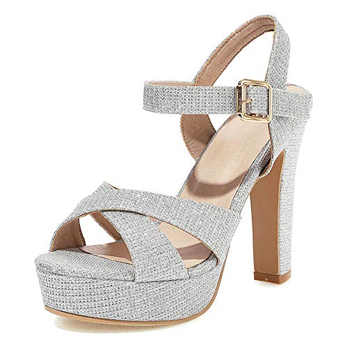 Kaizi Karzi Damen Plateau Sandalen Höhe Ferse Party Schuhe Open Toe Sommer Sandalen Glitzer Schnalle Sandalen Silver size 43 Asian von Kaizi Karzi