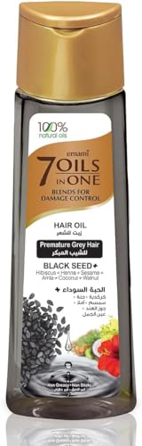 Emami 7 Oils in One Blends Black Seeds Haaröl – Damage Control Schwarzkümmel 200 ml | Natürlich, sulfatfrei, Haarpflege Haarschäden, Glanz Wachstum | Mit Kajal Sticker (200 ML, Schwarze Samen) von Kajal