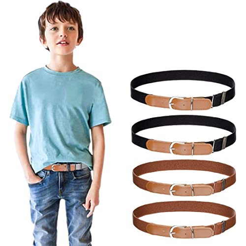 4 Stück Jungen Mädchen Elastischer Gürtel - Verstellbarer Schnallengürtel mit Leder für Kinder von 3-15 Jahren (2 Schwarz/2 Braun) von Kajeer