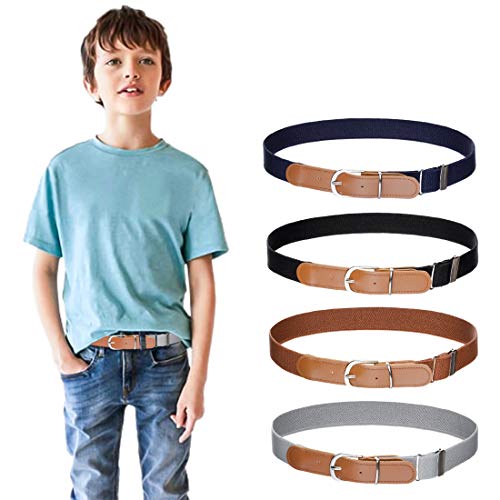 4 Stück Jungen Mädchen Elastischer Gürtel - Verstellbarer Schnallengürtel mit Leder für Kinder von 3-15 Jahren (Marineblau/Schwarz/Braun/Grau) von Kajeer