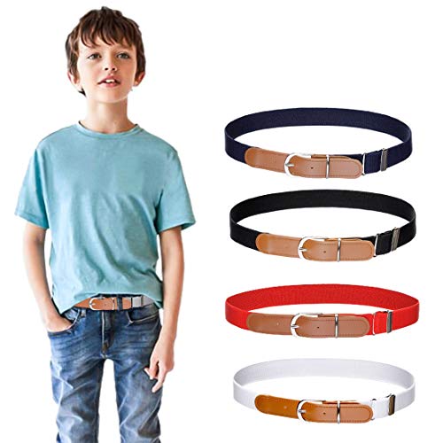 4 Stück Jungen Mädchen Elastischer Gürtel - Verstellbarer Schnallengürtel mit Leder für Kinder von 3-15 Jahren (Marineblau/Schwarz/Rot/Weiß) von Kajeer