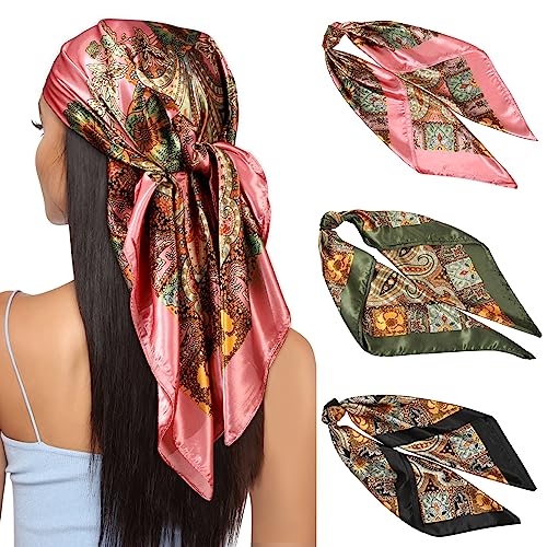 Kajeer 3 Stück Kopftuch Bandana Halstuch für Damen - 90x90cm Große Satin Seidentuch Weiches Satinschal Haarschal für Frauen von Kajeer