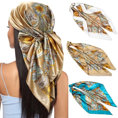 Kajeer 3 Stück Kopftuch Bandana Halstuch für Damen - 90x90cm Große Satin Seidentuch Weiches Satinschal Haarschal für Frauen von Kajeer