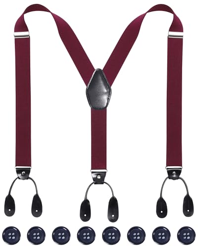 Kajeer Verstellbare Hosenträger mit Knöpfen, für Herren, strapazierfähig, Y-förmig, für Smoking, elastische Herren-Hosenträger mit Knopfenden aus Leder, Weinrot, Einheitsgröße von Kajeer